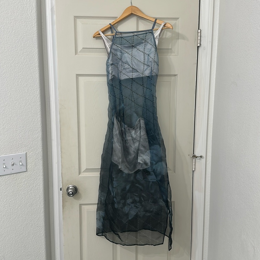 Private Policy NYC Floral Geometric Sheer Silk Sleeveless Slit Dress size Medium